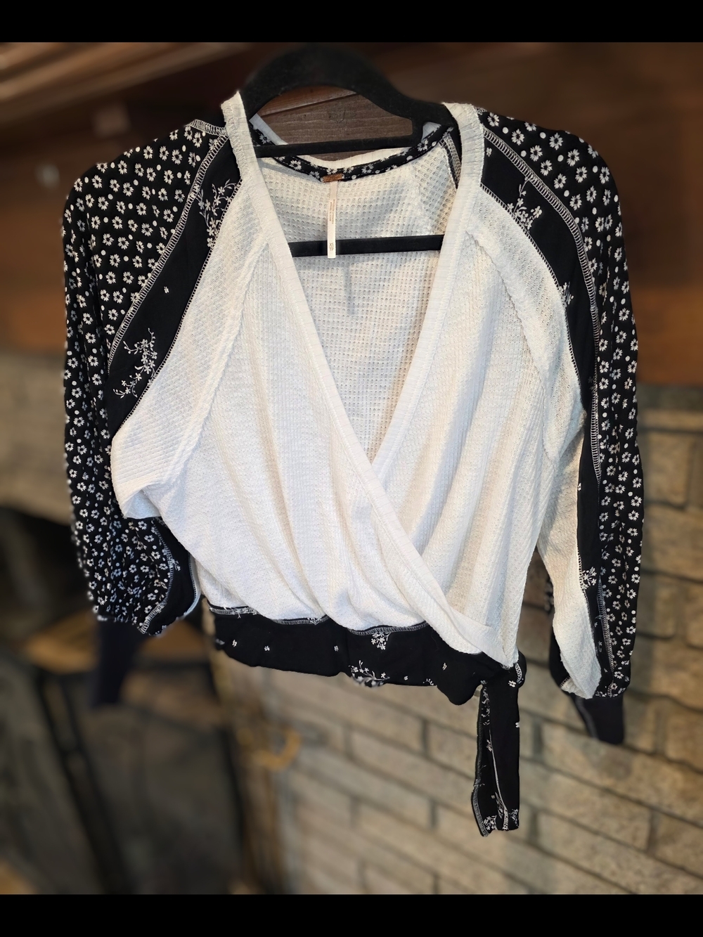 Free People Cream Knit Thermal Tank with Black Floral Trim - Picture 3 of 6